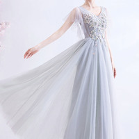 Gray V-neck lace long prom dress A-line evening dress - Thumbnail 7