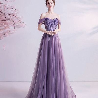 Purple lace long prom dress off shoulder evening dress - Thumbnail 3