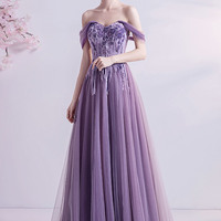 Purple lace long prom dress off shoulder evening dress - Thumbnail 1
