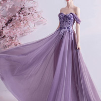 Purple lace long prom dress off shoulder evening dress - Thumbnail 4
