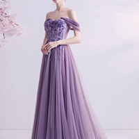 Purple lace long prom dress off shoulder evening dress - Thumbnail 5