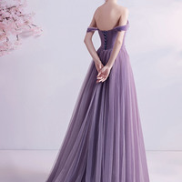 Purple lace long prom dress off shoulder evening dress - Thumbnail 6