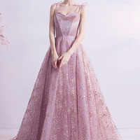 Cute velvet tulle long prom dress A-line evening gown - Thumbnail 1