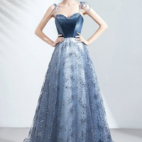 Cute velvet tulle long prom dress A-line evening gown - Thumbnail 4