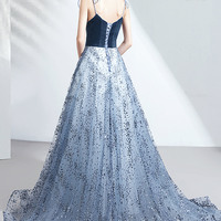 Cute velvet tulle long prom dress A-line evening gown - Thumbnail 6