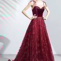 Cute velvet tulle long prom dress A-line evening gown - Thumbnail 8