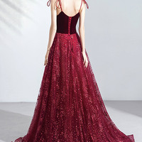 Cute velvet tulle long prom dress A-line evening gown - Thumbnail 9