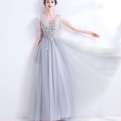 Gray v-neck lace long prom dress a-line evening dress