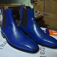 Christmas Western Style Blue Chelsea Style Leather Boot, Hand Stitch Boot For Gentlemen - Thumbnail 1