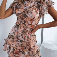 Women Pink Print Ruffled Mini Dress - Thumbnail 1