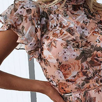 Women Pink Print Ruffled Mini Dress - Thumbnail 2