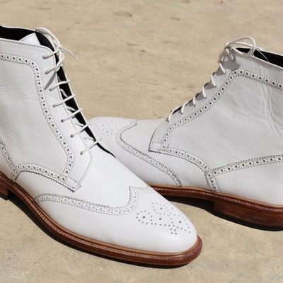 Luxury men's hand made white wingtip ankle high leather lace up formal boot - Thumbnail 2