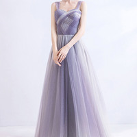 Purple tulle long A-line prom dress evening dress - Thumbnail 2