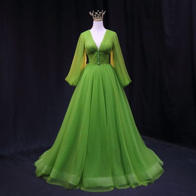 Green v-neck tulle long prom dress a-line evening dress - Thumbnail 1