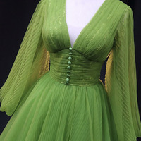 Green V-neck tulle long prom dress A-line evening dress - Thumbnail 1