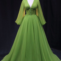Green V-neck tulle long prom dress A-line evening dress - Thumbnail 4