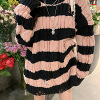 Japanese Girl Cute Autumn Winter Spring Student Ripped Knit Pink Black Striped Sweater - Thumbnail 8