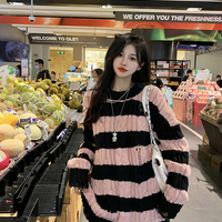Japanese Girl Cute Autumn Winter Spring Student Ripped Knit Pink Black Striped Sweater - Thumbnail 9