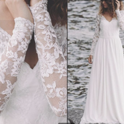 V neck casual wedding dresses bridal gown with sleeves - Thumbnail 2