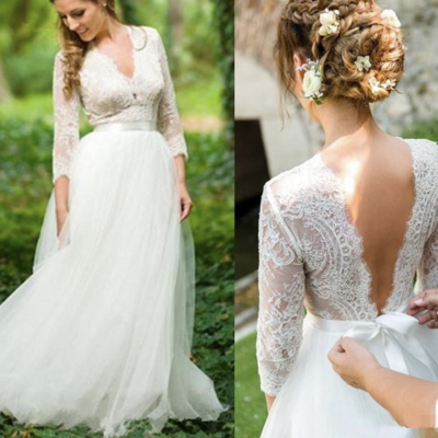 V neck v back wedding dresses bridal gown with sash wdb - Thumbnail 2