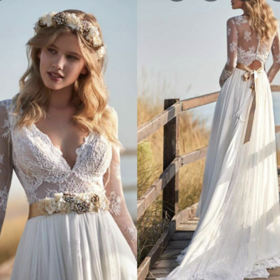 V neck wedding dresses bridal gown waist with handmade flowers - Thumbnail 2