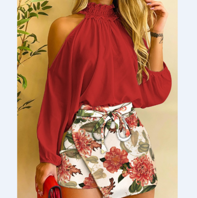 Off-The-Shoulder Floral Long-Sleeve Chiffon Print Two-Piece Suit