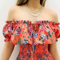 Short Sleeve Floral Print Off Shoulder High Waist Mini Dress - Thumbnail 1