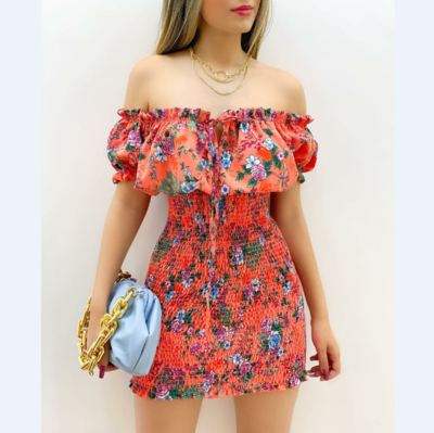 Short Sleeve Floral Print Off Shoulder High Waist Mini Dress
