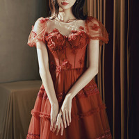 Cute tulle applique long prom dress A-line evening dress - Thumbnail 1