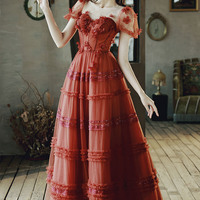 Cute tulle applique long prom dress A-line evening dress - Thumbnail 5