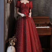 Burgundy sequins long prom dress evening dress - Thumbnail 1
