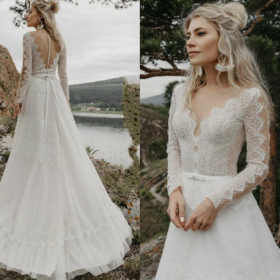 V neck wedding dresses bridal gown with sleeves wd50 - Thumbnail 3