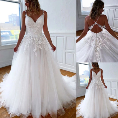 Straps wedding dresses bridal gown with lace appliques wd54 - Thumbnail 4