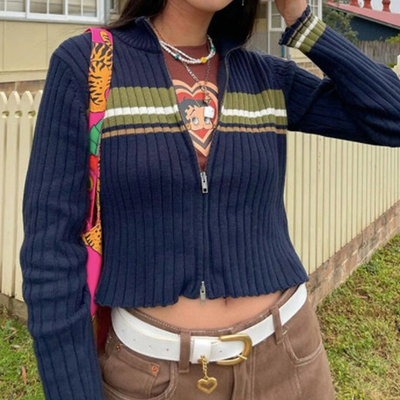 Retro striped zipper jacket