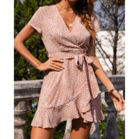 Fashion V-Neck Ruffled Chiffon Floral Dress - Thumbnail 1