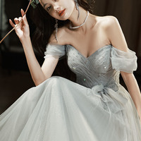 Gray tulle long A-line prom dress evening dress - Thumbnail 1