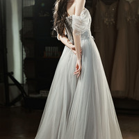 Gray tulle long A-line prom dress evening dress - Thumbnail 2