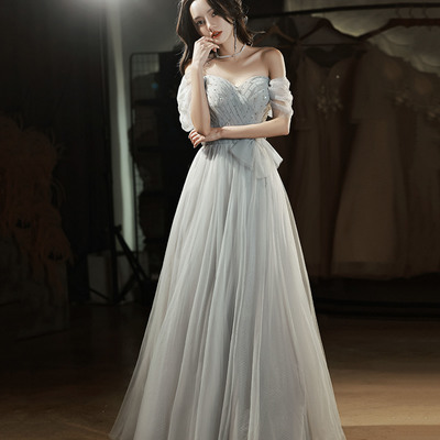 Gray tulle long a-line prom dress evening dress - Thumbnail 3