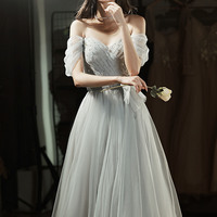 Gray tulle long A-line prom dress evening dress - Thumbnail 3