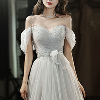 Gray tulle long A-line prom dress evening dress - Thumbnail 4