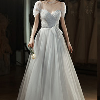 Gray tulle long A-line prom dress evening dress - Thumbnail 5