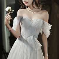 Gray tulle long A-line prom dress evening dress - Thumbnail 6