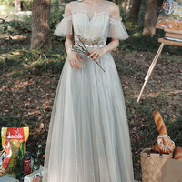 Gray tulle long prom dress A-line evening dress - Thumbnail 3