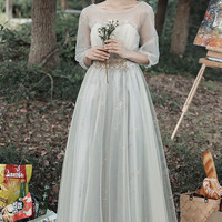 Gray tulle long prom dress A-line evening dress - Thumbnail 5