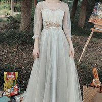 Gray tulle long prom dress A-line evening dress - Thumbnail 7