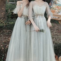 Gray tulle long prom dress A-line evening dress - Thumbnail 8
