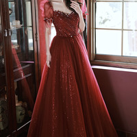 High Quality Tulle Sequin Long Prom Dress Evening Dress - Thumbnail 4