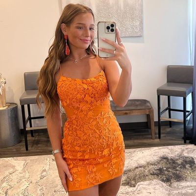 Cute bodycon orange lace short homecoming dresses
