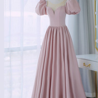 Pink satin long prom dress A-line evening dress - Thumbnail 1