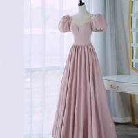 Pink satin long prom dress A-line evening dress - Thumbnail 2